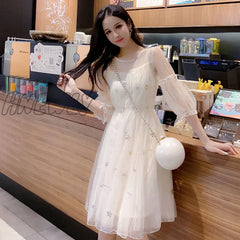 Hnewly Long Sleeve Dresses Women Holiday Summer Elegant Gauze Ankle-Length Sweet Fashion Korean