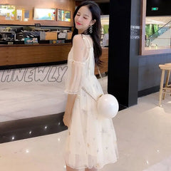 Hnewly Long Sleeve Dresses Women Holiday Summer Elegant Gauze Ankle-Length Sweet Fashion Korean