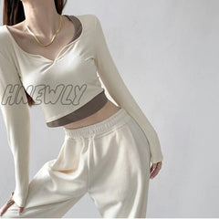 Hnewly Long Sleeve Elegant Girl T Shirt Thin Slim Y2K Crop Tops Women Korean Fashion Clothing