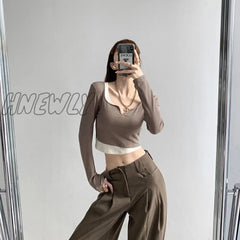 Hnewly Long Sleeve Elegant Girl T Shirt Thin Slim Y2K Crop Tops Women Korean Fashion Clothing