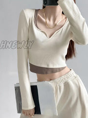 Hnewly Long Sleeve Elegant Girl T Shirt Thin Slim Y2K Crop Tops Women Korean Fashion Clothing
