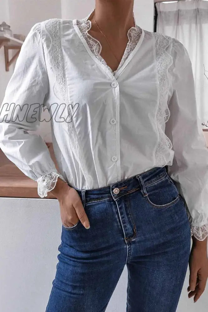 Hnewly - Long Sleeve Flared Solid Color Shirt Tops S / White