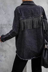 Hnewly - Long Sleeve Fringed Denim Jacket Tops