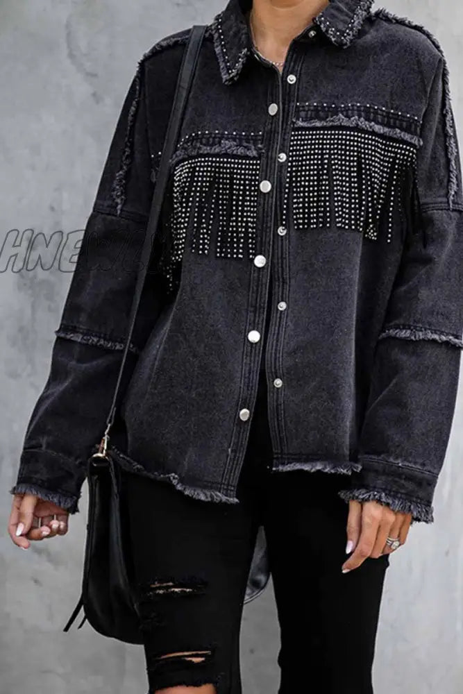 Hnewly - Long Sleeve Fringed Denim Jacket Tops S/M / Black