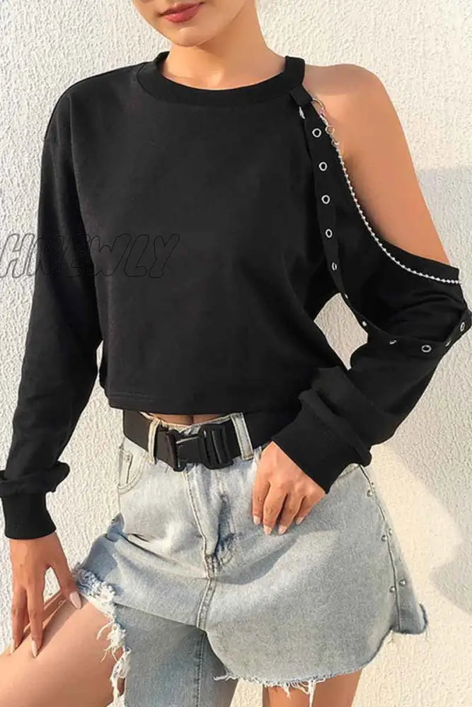 Hnewly - Long-Sleeve Loose Off-Shoulder T-Shirt S / Black Tops