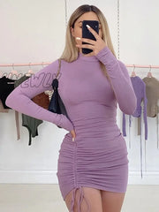 Hnewly Long Sleeve Ruched Bodycon Dress Women Turtleneck Bandage Mini Dresses Autumn Black Skinny