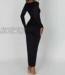 Hnewly Long Sleeve Ruched High Split Maxi Dress Women Square Collar Drawstring Bodycon Sexy Party