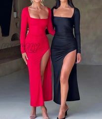 Hnewly Long Sleeve Ruched High Split Maxi Dress Women Square Collar Drawstring Bodycon Sexy Party