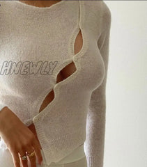 Hnewly Long Sleeve Spring Autumn Knitted Women Tops Sweaters T-Shirts Elegant Hollow Out Top Tees