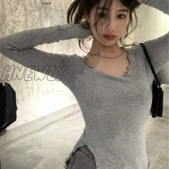 Hnewly Long Sleeve T-Shirts Women Fungus Line Irregular Hem Knitted Slender Autumn Bottoming Tees