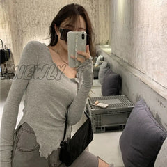 Hnewly Long Sleeve T-Shirts Women Fungus Line Irregular Hem Knitted Slender Autumn Bottoming Tees