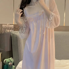 Long Sleeved Nightgown for Women Spring and Summer Palace Princesses Retro Lace Sweet and Long Home Clothes Lace Sexy Sleepwear