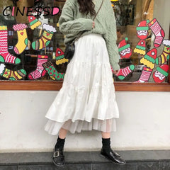 Hnewly Long Tulle Midi Skirts Womens Autumn Elastic High Waist Mesh Tutu Pleated Female Black White
