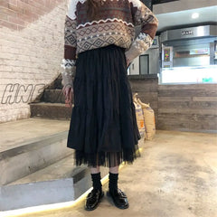 Hnewly Long Tulle Midi Skirts Womens Autumn Elastic High Waist Mesh Tutu Pleated Female Black White