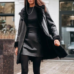 Hnewly Loose Zipper Long Winter Women’s Pu Jacket Western Fashion Punk Plain Coat Casual Feminine
