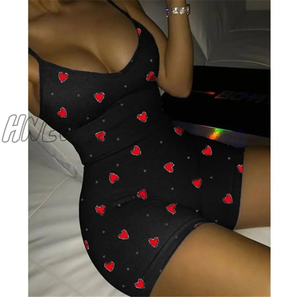 Hnewly Lovely Heart Bodysuit For Women Sexy Club V-Neck Sleeveless Rompers Ladies Summer Bodycon