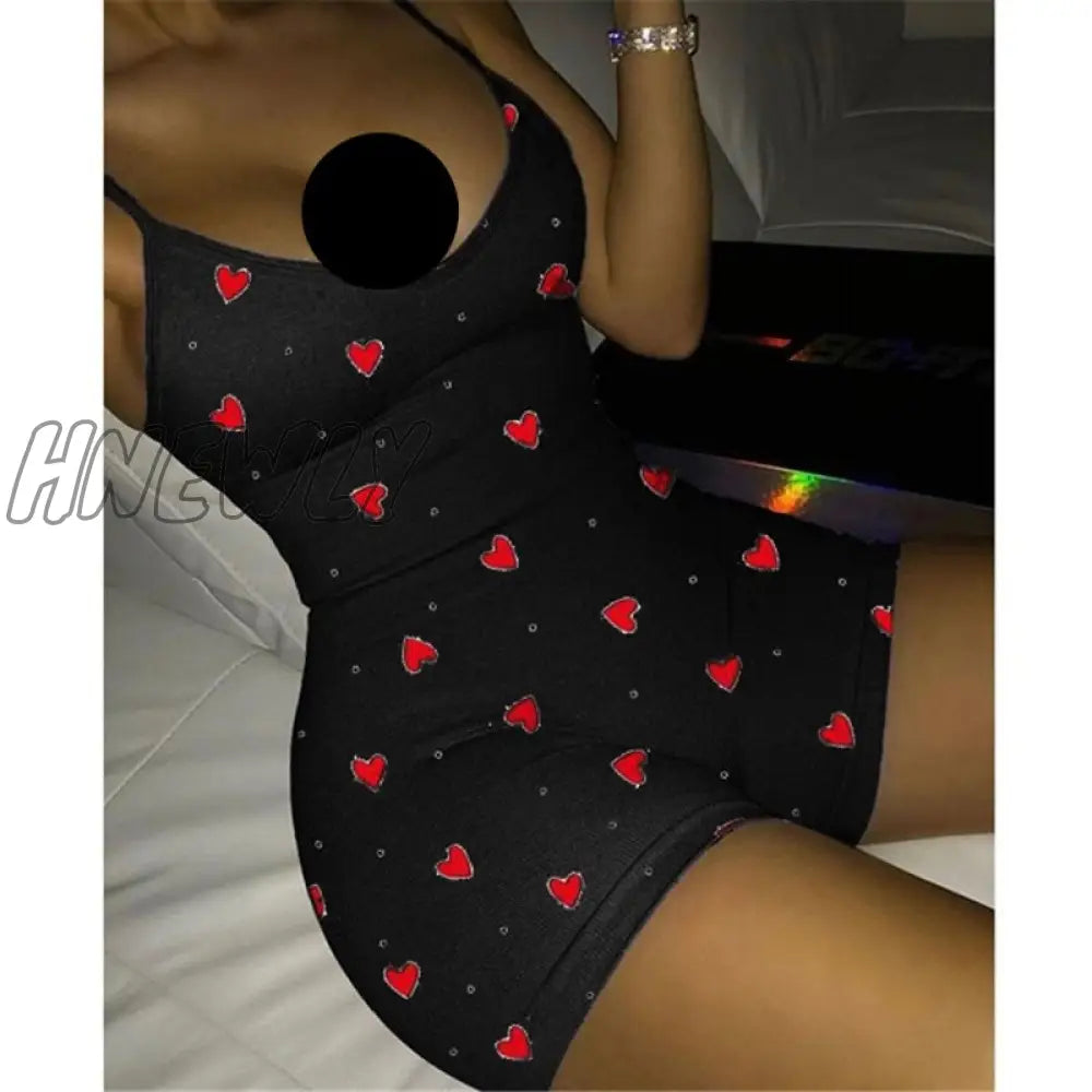 Hnewly Lovely Heart Bodysuit For Women Sexy Club V - Neck Sleeveless Rompers Ladies Summer Bodycon
