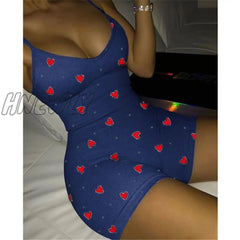 Hnewly Lovely Heart Bodysuit For Women Sexy Club V-Neck Sleeveless Rompers Ladies Summer Bodycon
