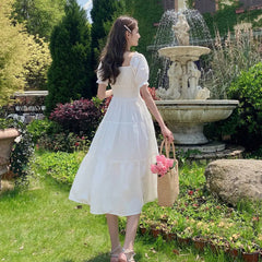 Hnewly Lucyever French Style Waist-Tight White Dress Women Elegant Lace Square Collar Long Woman