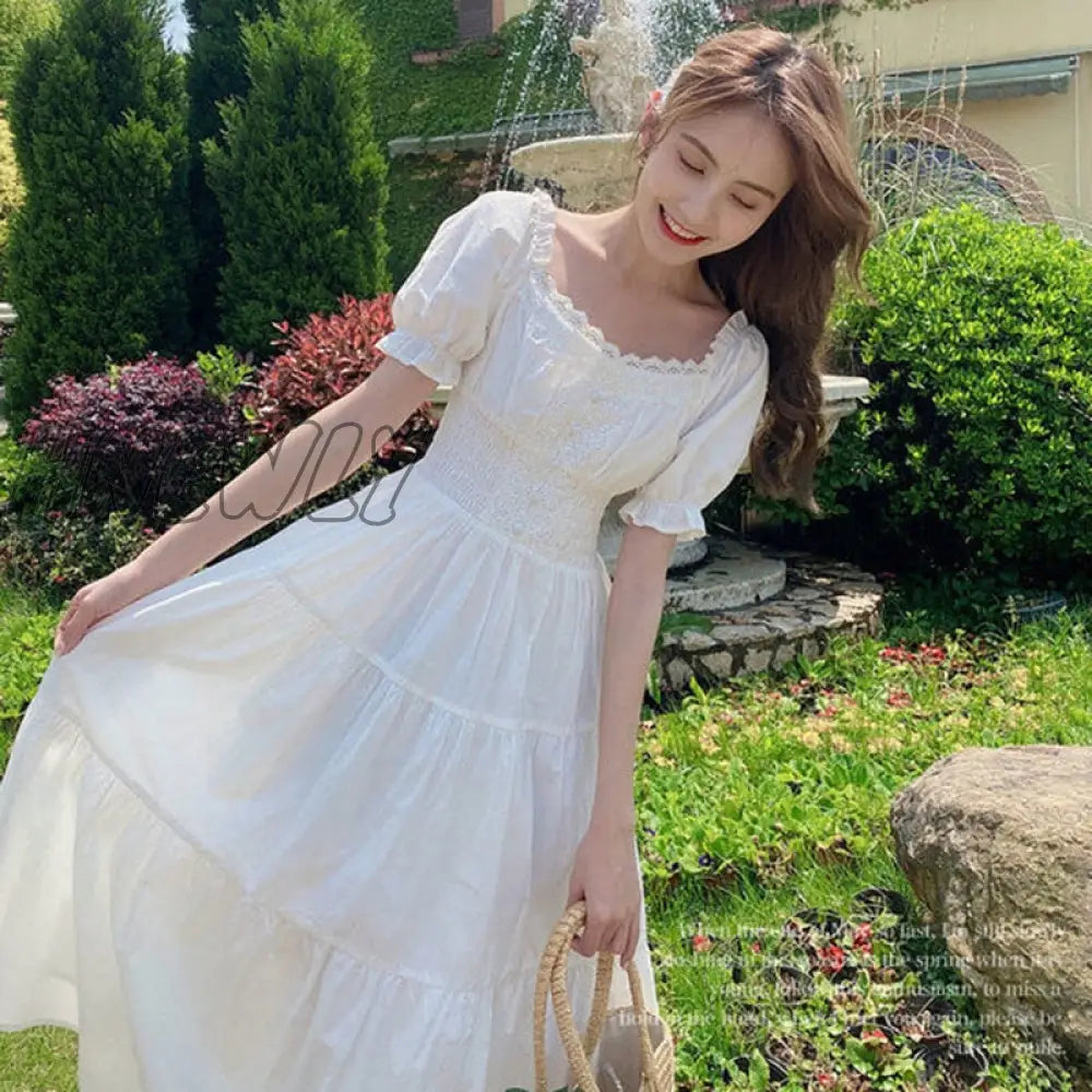 Hnewly Lucyever French Style Waist-Tight White Dress Women Elegant Lace Square Collar Long Woman