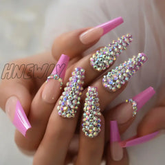 Luxury 3D AB Crystal Rhinestone Diamond French Coffin False Nails Glossy Pink Nude Super Long UV Fake Ballet Nail Reusable Wear
