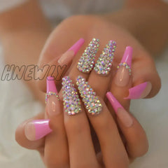 Hnewly Luxury 3D Ab Crystal Rhinestone Diamond French Coffin False Nails Glossy Pink Nude Super