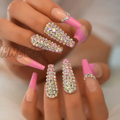 Hnewly Luxury 3D Ab Crystal Rhinestone Diamond French Coffin False Nails Glossy Pink Nude Super