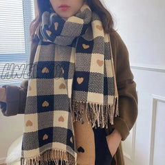 Hnewly Luxury Brand Women Knitted Heart-Pattern Plaid Scarf Lovey Girl Winter Warm Scarves College