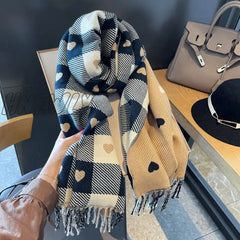 Hnewly Luxury Brand Women Knitted Heart-Pattern Plaid Scarf Lovey Girl Winter Warm Scarves College