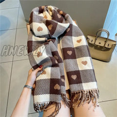 Hnewly Luxury Brand Women Knitted Heart-Pattern Plaid Scarf Lovey Girl Winter Warm Scarves College