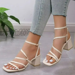 Luxury Sandals Women 2023 Fashion Summer Ladies High Heels Simple Square Toe Open Heeled Straps