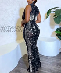 Hnewly Luxury Sparkly Crystal Rhinestone Christmas Evening Bodycon Long Dress Women’s Mesh See