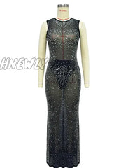 Hnewly Luxury Sparkly Crystal Rhinestone Christmas Evening Bodycon Long Dress Women’s Mesh See