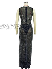 Hnewly Luxury Sparkly Crystal Rhinestone Christmas Evening Bodycon Long Dress Women’s Mesh See