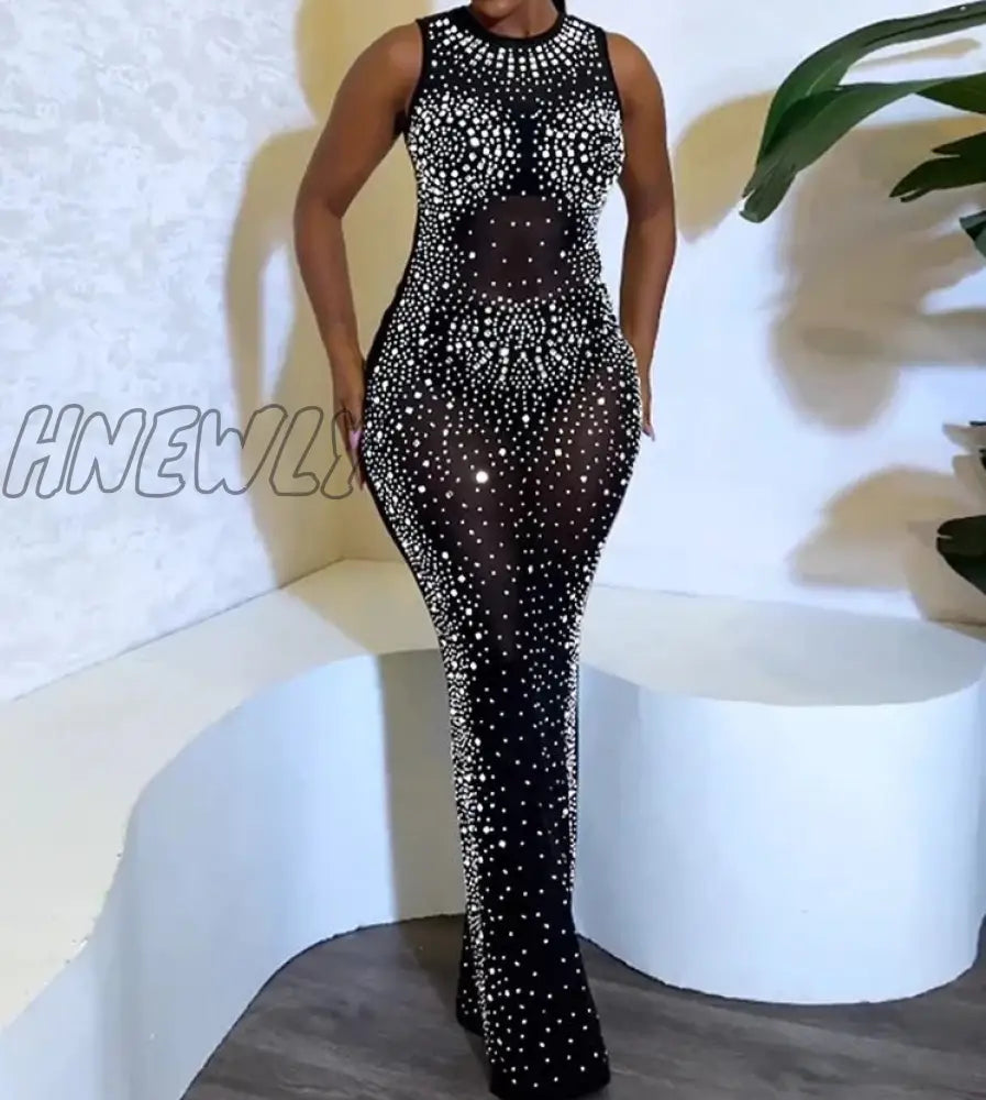Hnewly Luxury Sparkly Crystal Rhinestone Christmas Evening Bodycon Long Dress Women’s Mesh See