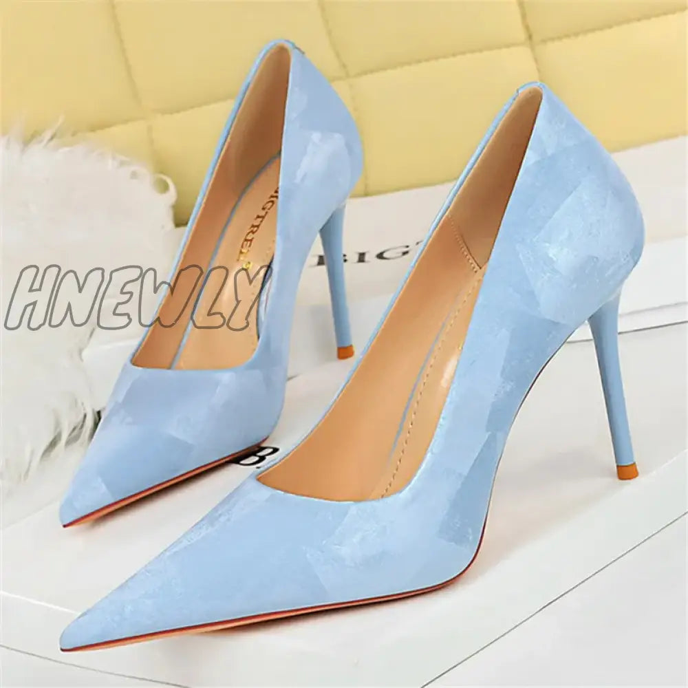 Hnewly Luxury Women 10Cm High Heels Classic Pumps Lady Plus Size 34-43 Wedding Bridal Stiletto Blue