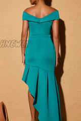 Hnewly - Malachite Green Sexy Celebrities Formal Solid Asymmetrical Off The Shoulder Evening Dress