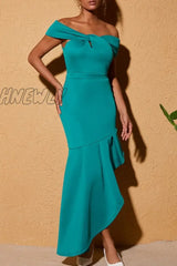 Hnewly - Malachite Green Sexy Celebrities Formal Solid Asymmetrical Off The Shoulder Evening Dress