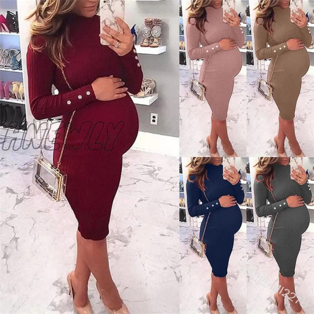 Hnewly Maternity Dresses Plus Size Long Sleeve Buttonsolid Color Sexy Tight Jersey Dress For