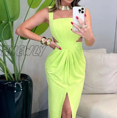 Hnewly Maxi Dress For Women Summer Elegant Solid Color Square Neck Sleeveless Pleated Slim Fit High