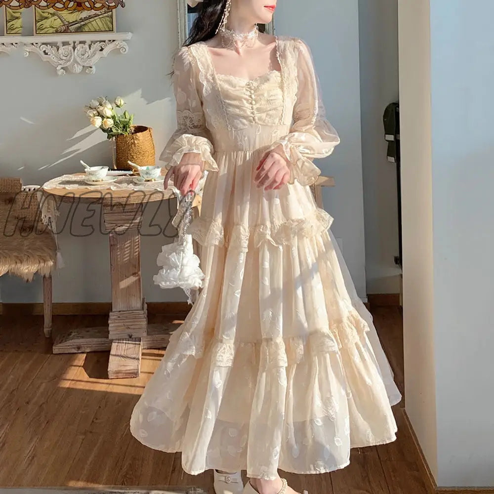 Hnewly Medieval Romantic French Court Style Dress Womens Spring Flare Sleeve High Waist Elegant