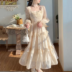 Hnewly Medieval Romantic French Court Style Dress Womens Spring Flare Sleeve High Waist Elegant