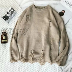 Hnewly Men Women Streetwear Hip Hop Pullovers Jumper Fashion Oversized All-Match Spring Wash Hole