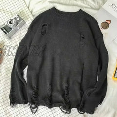 Hnewly Men Women Streetwear Hip Hop Pullovers Jumper Fashion Oversized All-Match Spring Wash Hole