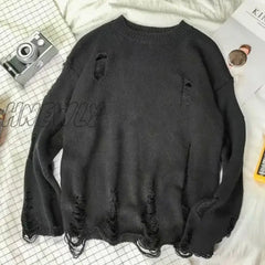 Hnewly Men Women Streetwear Hip Hop Pullovers Jumper Fashion Oversized All-Match Spring Wash Hole