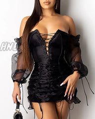 Hnewly Mesh Lace-Up Drawstring Design Ruched Dress Women Bandage Bodycon Mini Party Dresses