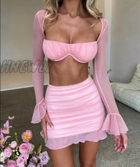 Hnewly Mesh Sexy Dress Set Women Strapless Full Sleeve Crop Top And Mini Skirt Matching Sets Female