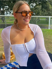 Hnewly Mesh Top Women Long Sleeve Crop Square Neck T-Shirt Fairy Grunge Solid White Hook Eye Tops