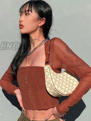 Hnewly Mesh Top Women Long Sleeve Crop Square Neck T-Shirt Fairy Grunge Solid White Hook Eye Tops