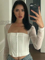 Hnewly Mesh Top Women Long Sleeve Crop Square Neck T-Shirt Fairy Grunge Solid White Hook Eye Tops